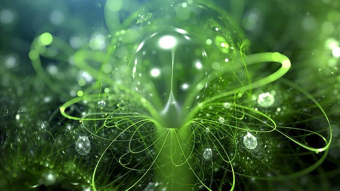 Abstract green fractal with glowing orbs