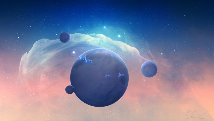 Spaceships flying around planets in a nebula