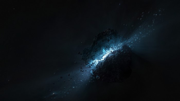 Asteroids in deep space with blue light