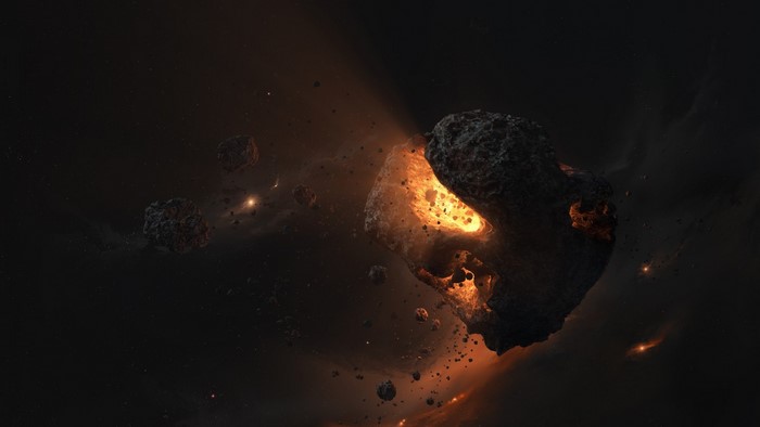 Asteroid field with glowing molten interior