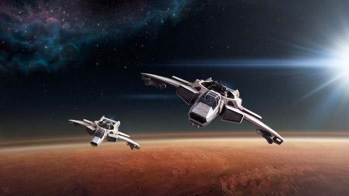 Two spaceships flying over a planet