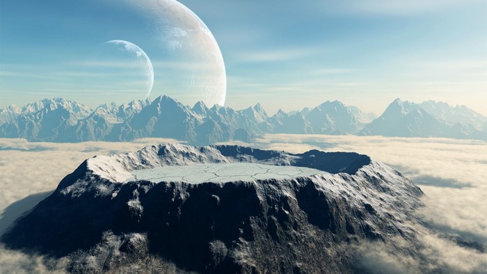 Alien planet with crater and moons