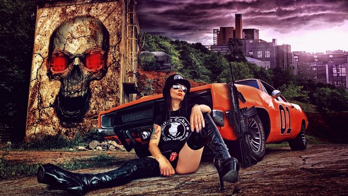 Woman in thigh-high boots and General Lee car with skull mural