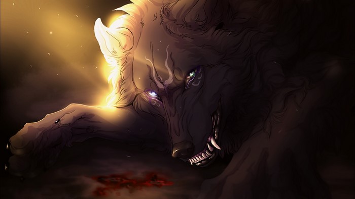 Wolf with glowing fur and sharp teeth