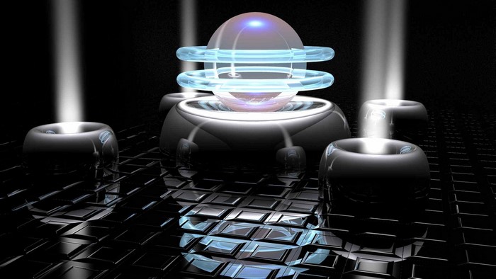 Futuristic glowing orb with rings and spotlights