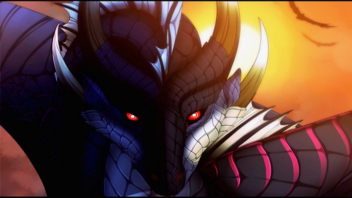 Dragon with red eyes in front of sunset