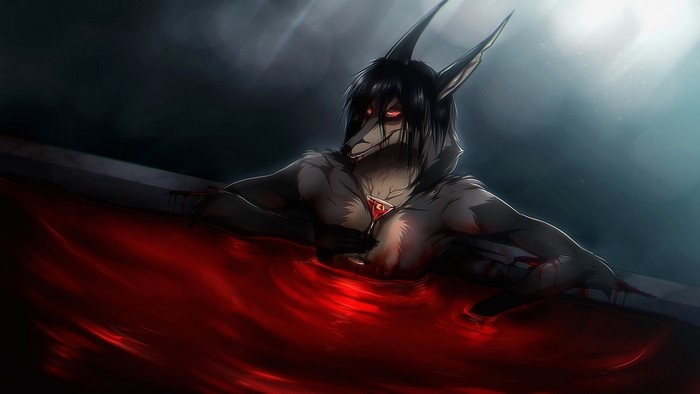 Wolf character in a red liquid