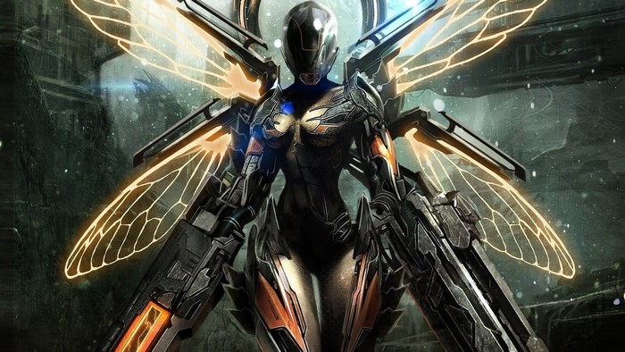 Warframe character with mechanical wings and guns