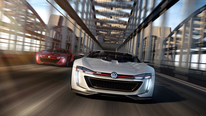 Volkswagen GTI concept cars racing on a bridge