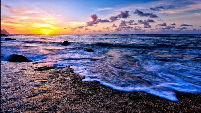 4K Ocean Sunset with Waves and Rocks