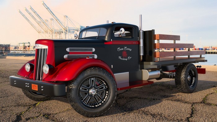 Customized vintage flatbed truck with red and black paint
