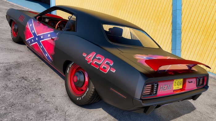 Black 1970 Plymouth Barracuda with Confederate flag livery