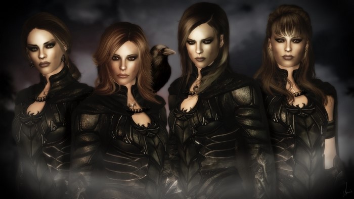 Four women in dark armor with a raven