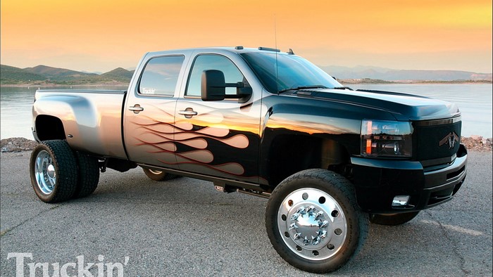 Custom Black and Silver Dually Truck with Flames
