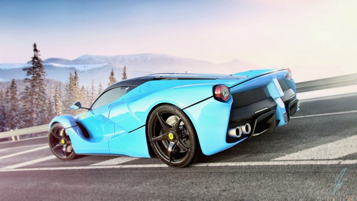 Blue Ferrari sports car on a snowy mountain road