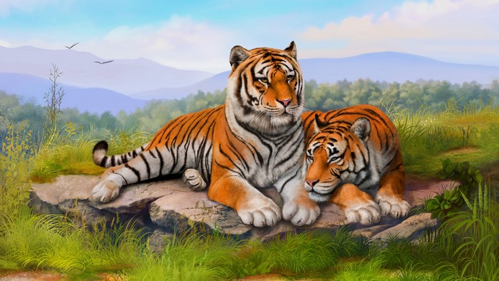 Two Tigers Resting on a Rock
