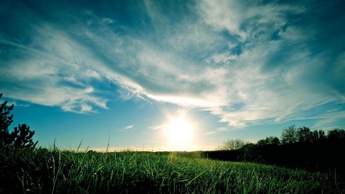 Sun shining over a grassy field with clouds
