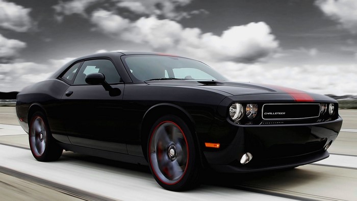 Black Dodge Challenger with Red Stripes