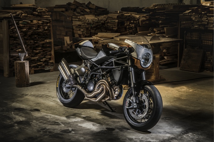 Custom Cafe Racer Motorcycle in Workshop