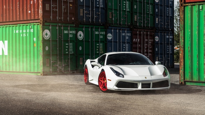 White Ferrari 488 GTB with red wheels