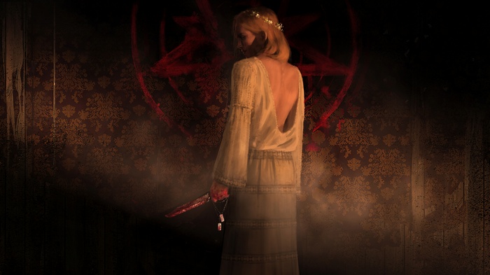 Woman with bloody knife and pentagram
