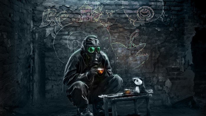 Man in gas mask having tea with a panda toy