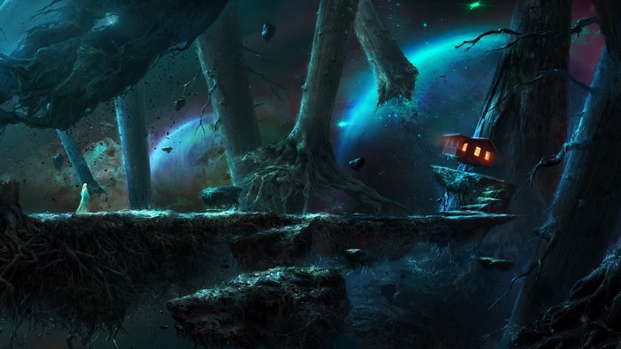 Floating islands with trees and a small house in space
