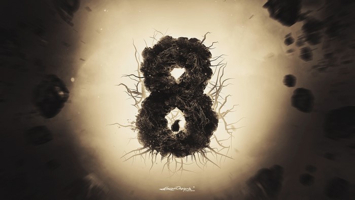 Number 8 made of roots and dirt with a bird