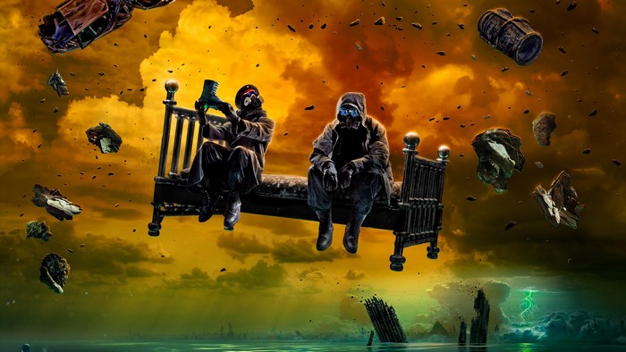 Two figures in gas masks on a floating bed