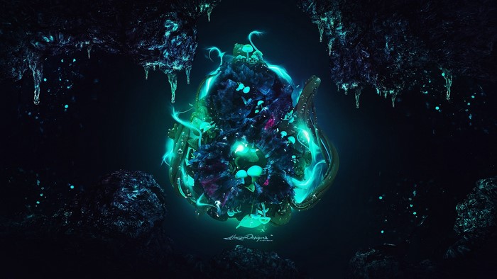 Abstract bioluminescent cave formation with glowing mushrooms
