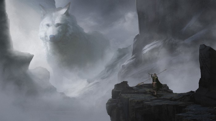 Giant white wolf in fog with a person on a cliff