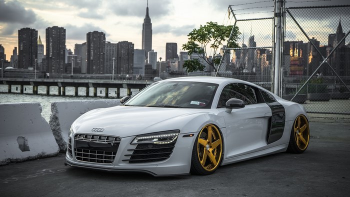 White Audi R8 with gold rims in New York City
