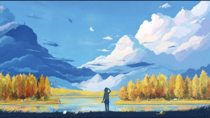 Girl by a lake with autumn trees and clouds