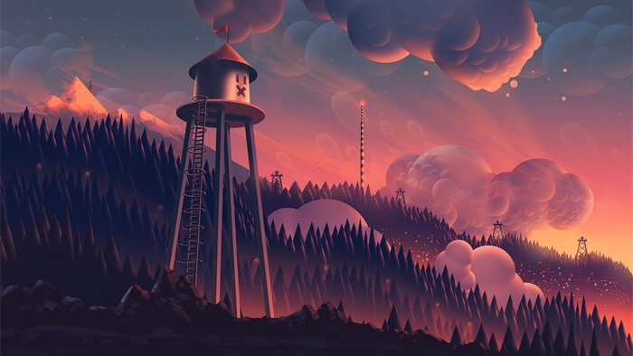 Watchtower in a forest at sunset