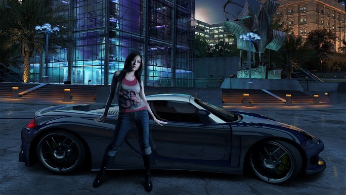 Girl and sports car in Need for Speed Carbon