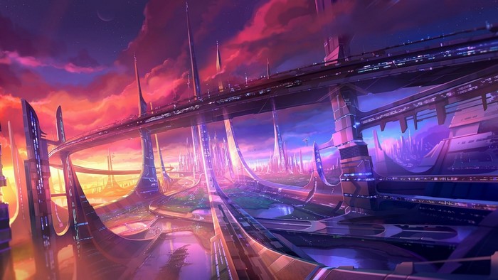 Futuristic Megapolis Cityscape at Sunset