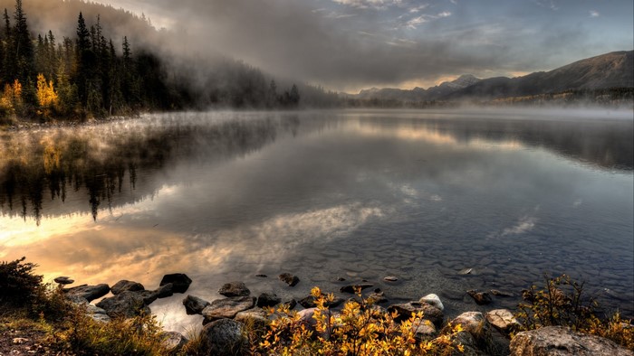 Misty Lake with Forest and Mountains
