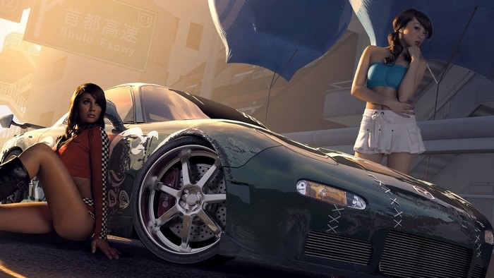 Two women and a sports car from Need For Speed ProStreet