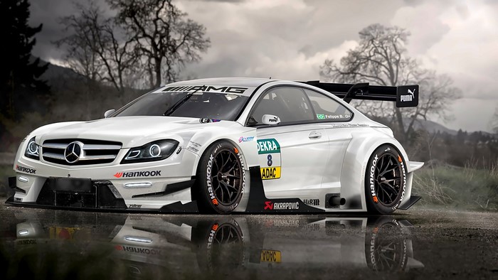 White Mercedes-AMG C63 DTM race car with Hankook tires