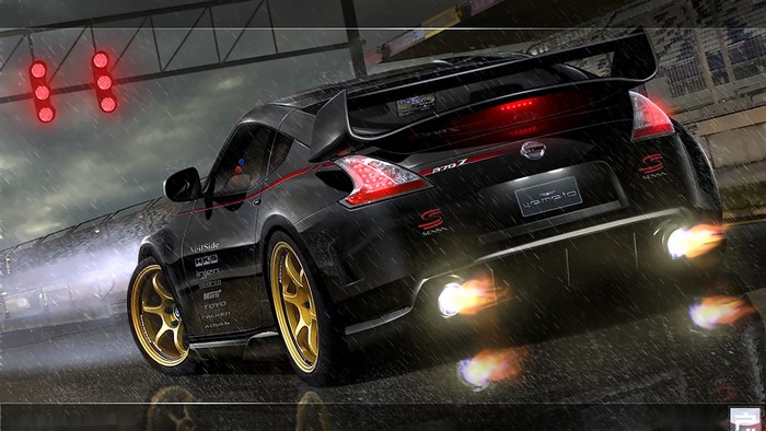 Black Nissan 370Z with gold rims on a wet track