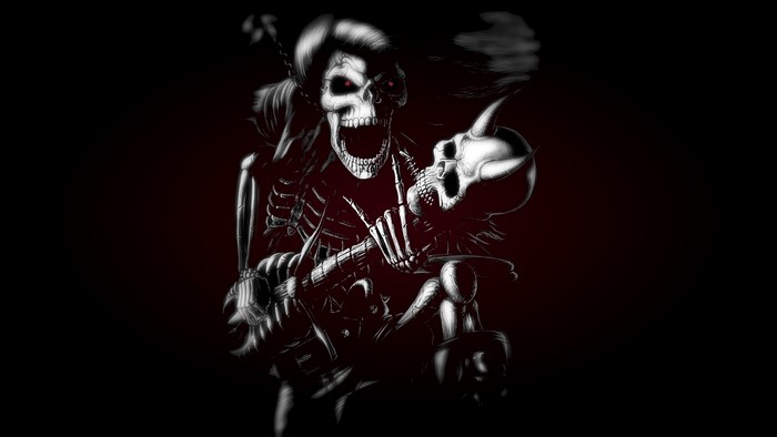 Skeleton playing guitar with a skull