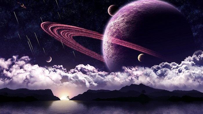 Purple ringed planet with moons and meteor shower