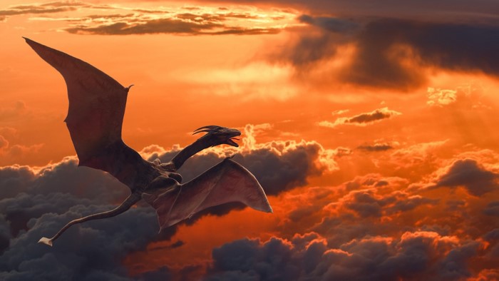 Dragon flying through clouds at sunset