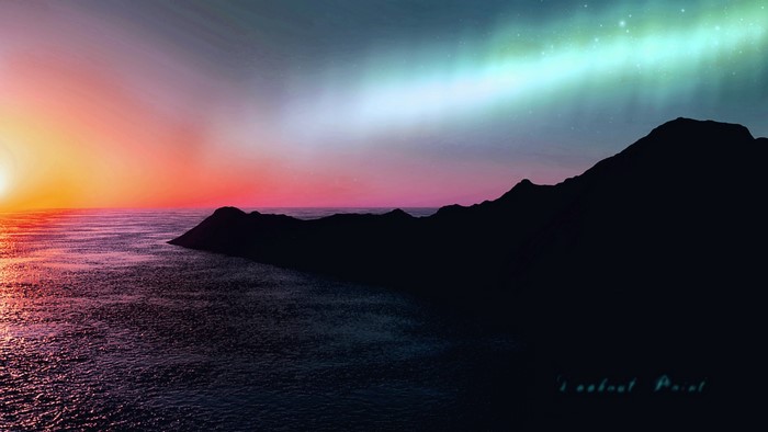 Sunset over the ocean with aurora borealis