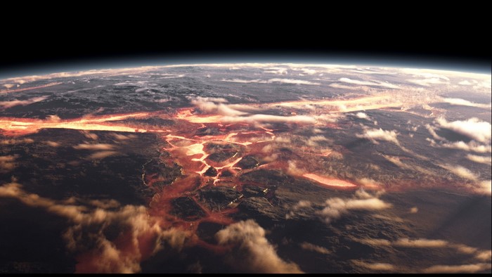 Planet with active volcanoes from space