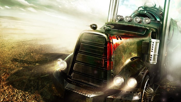 Post-apocalyptic truck in a desolate landscape