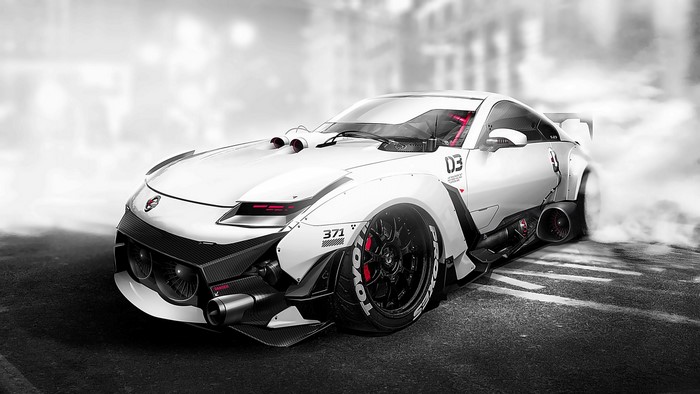 White Nissan 350Z drift car with custom body kit
