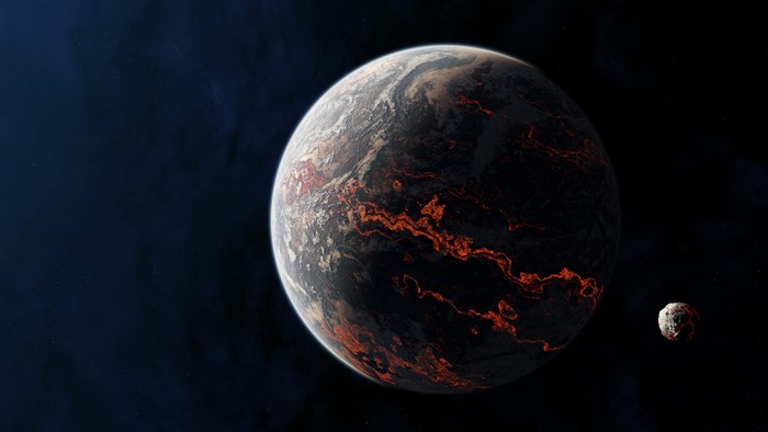 4K Planet with Lava Flows and Moon