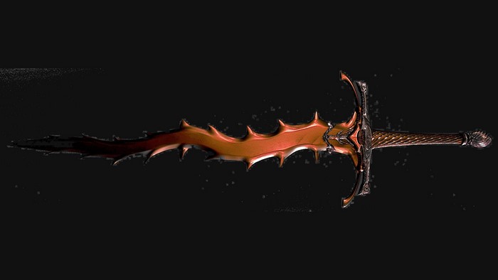 A spiky, ornate sword with a glowing orange blade