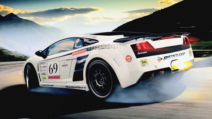 White Lamborghini Gallardo drifting on a race track
